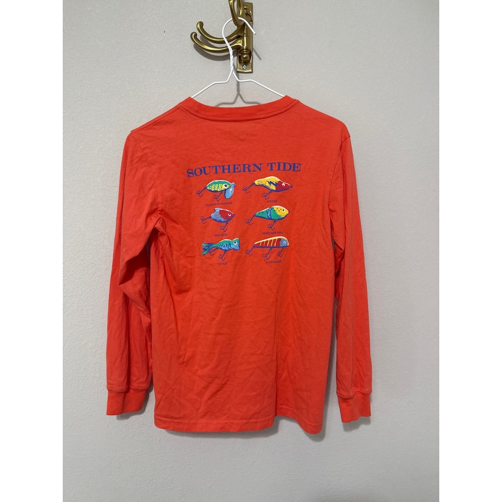 Southern Tide Fishing Lure Shirt Youth Large Orange Long Sleeve Pocket Tee